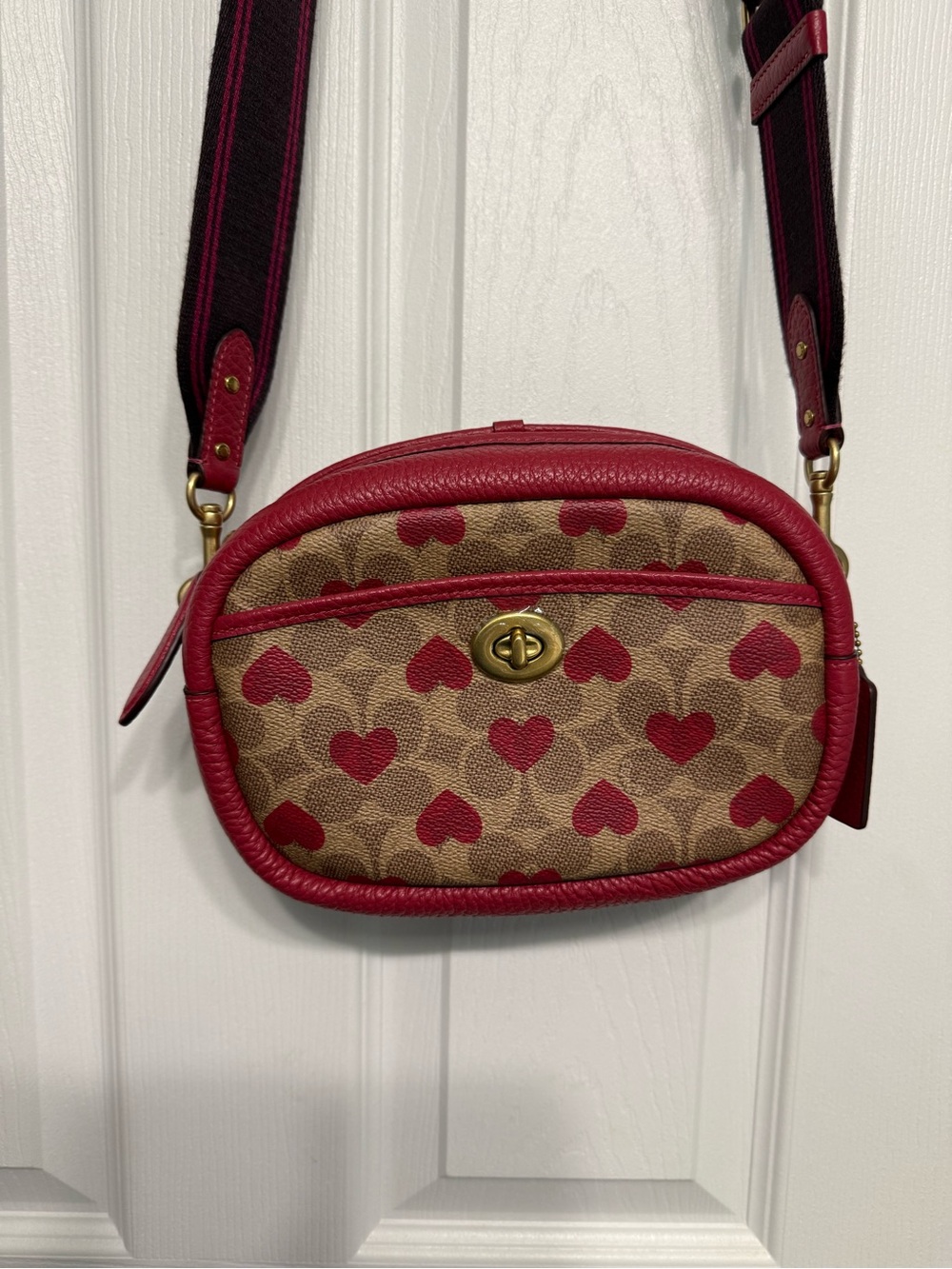 Coach Tan Signature Crossbody with Red Heart Print